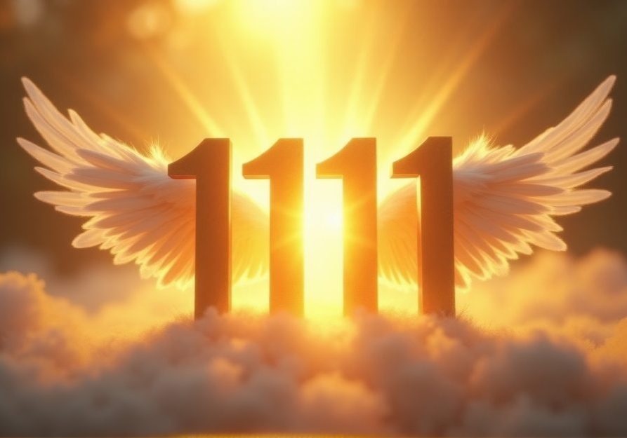 This is an image of the number 1111 illuminated with angel wings