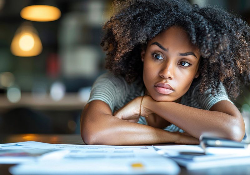 This is a picture of a girl leaning into folded arms on her desk looking like she doesn't feel well